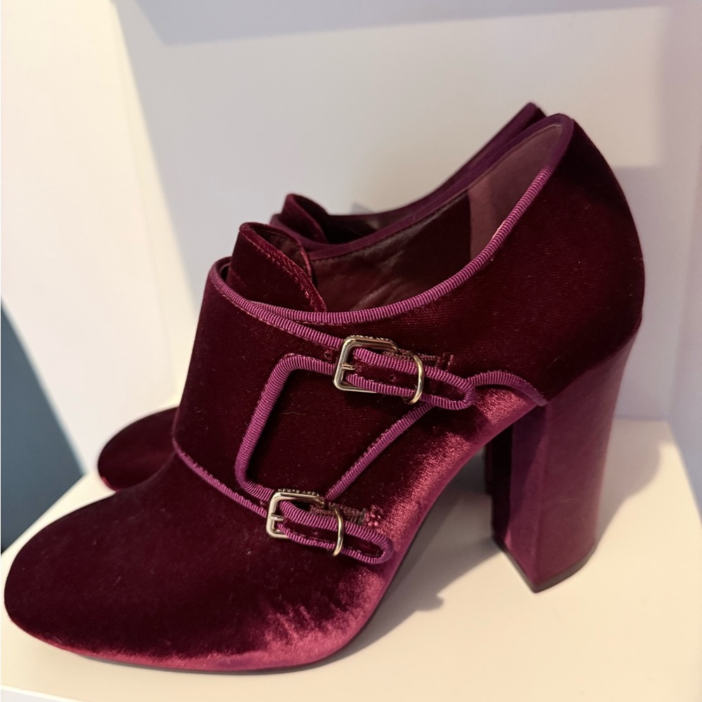 Tory Burch Carley Burgundy Velvet Double-Buckle Ankle Bootie